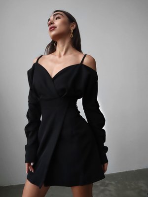 Women's wrap dress  in black with open shoulders, mini length.