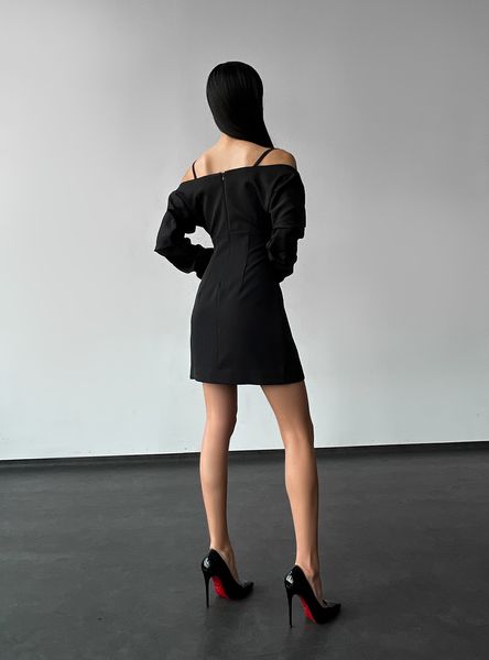 Women's wrap dress  in black with open shoulders, mini length.