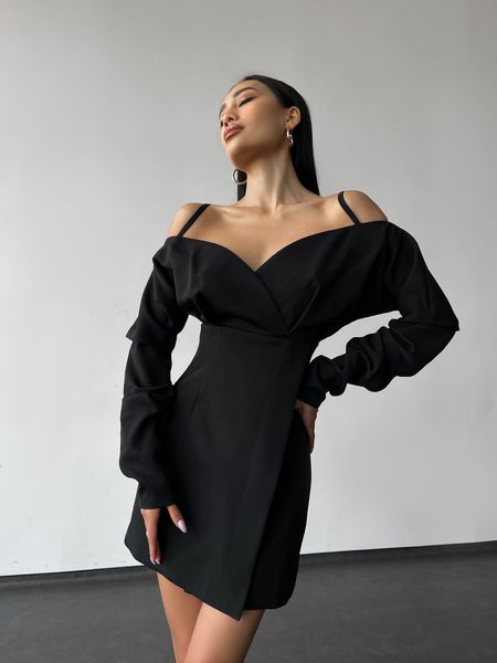 Women's wrap dress  in black with open shoulders, mini length.