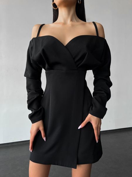 Women's wrap dress  in black with open shoulders, mini length.