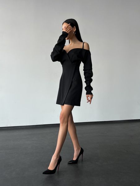 Women's wrap dress  in black with open shoulders, mini length.