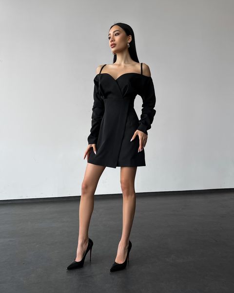 Women's wrap dress  in black with open shoulders, mini length.