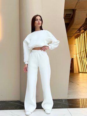 Women's white tracksuit with a sweatshirt and wide trousers with slits with a hidden zipper XS