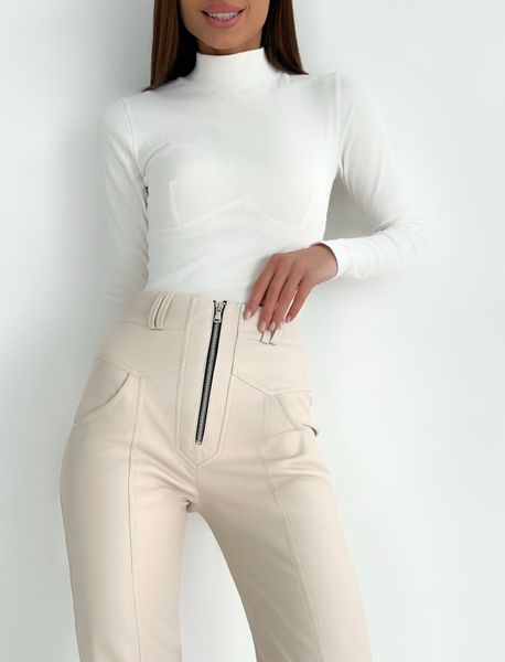 Жіночі брюки з еко шкіри на замші високої якості з високою посадкою попереду на блискавці. 31490701 фото