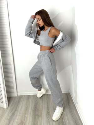 Warm women's tracksuit with joggers and a cropped jacket with a zipper in gray.