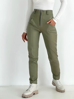 Жіночі брюки з еко шкіри на замші високої якості з високою посадкою попереду на блискавці. 31490401 фото