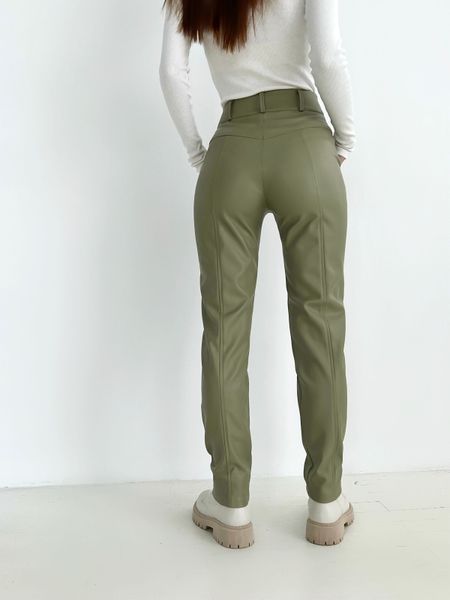 Жіночі брюки з еко шкіри на замші високої якості з високою посадкою попереду на блискавці. 31490401 фото