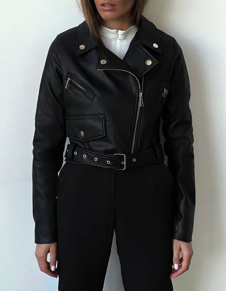 Куртка укороченная косуха из эко кожи на замше черного цвета с подкладкой. 32130203 фото