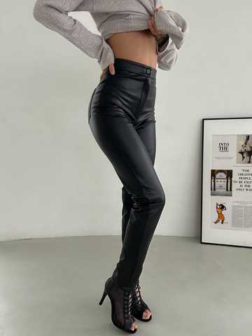 WMNS Motorcycle Rider Style Faux Leather Skinny Pants  Silver Back Zipper  Closure  Black