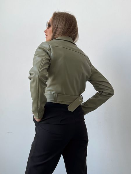 Short jacket with a side zip ‘ Kosukha’ made of eco leather on khaki suede with a lining.