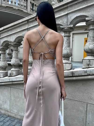 Women's summer dress made of natural fabric, midi length, open back |  Arturela