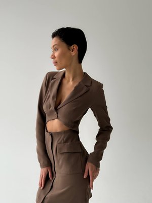 Dress-jacket in mocha colour with an ingenious neckline and patch pockets
