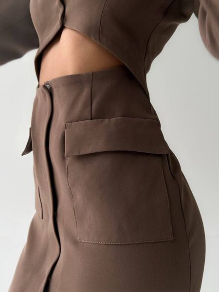 Dress-jacket in mocha colour with an ingenious neckline and patch pockets