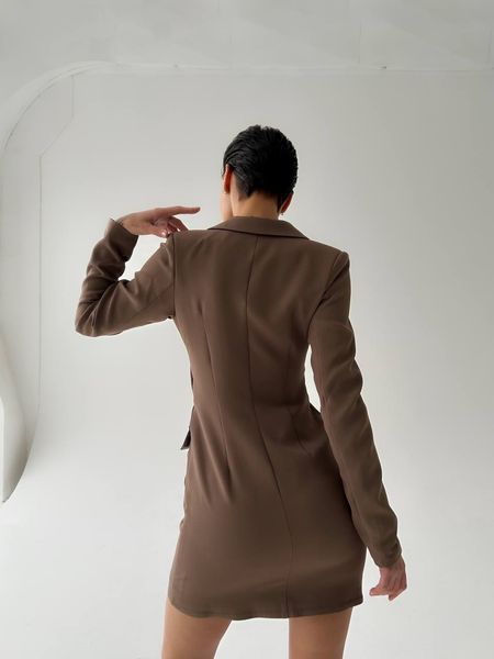 Dress-jacket in mocha colour with an ingenious neckline and patch pockets