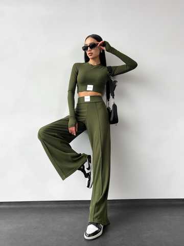 Fashion women's lightweight ribbed knitted suit with wide leg pants and  long sleeve top. - Arturela - online store for women's clothing