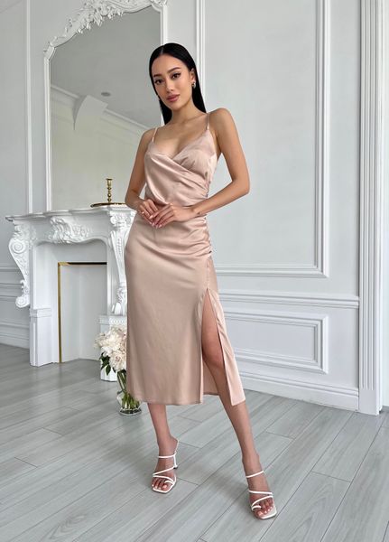 Легка шовкова сукня довжини міді з розрізом, розмір XS 32290701 фото