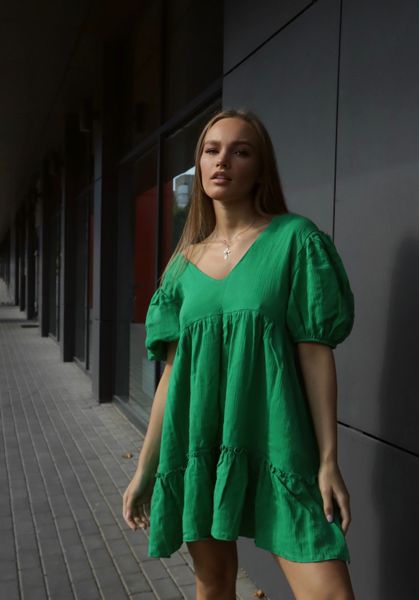 Жіноча сукня з натуральної тканини довжини міні з коротким рукавом на резинці. 32011605 фото