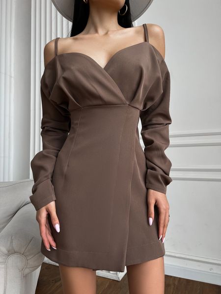 Women's wrap dress of mocha color with open shoulders, mini length.