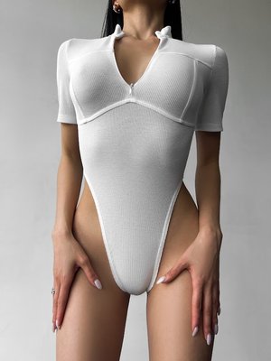 short-sleeve zip-up ribbed knit bodysuit with high cutouts.