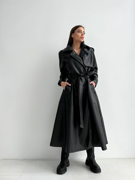 Trench coat made of eco-leather on high quality suede on satin lining with decorative buttons.