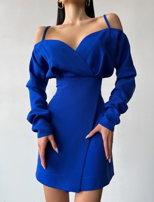 Women's wrap dress of electric color with open shoulders, mini length.