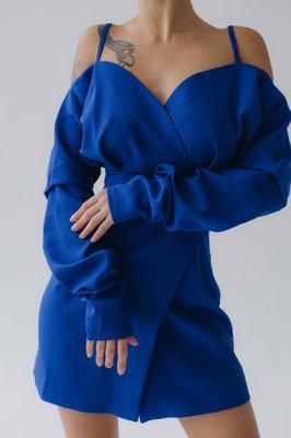 Women's wrap dress of electric color with open shoulders, mini length.