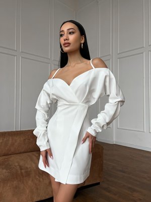 Women's wrap dress in white with open shoulders, mini length.