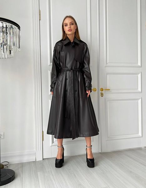 Trench coat made of eco-leather on high quality suede on satin lining with decorative buttons, size M-L