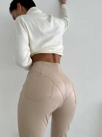 Women's leggings made of eco leather on fleece with a high fit, color  beige. - Arturela - online store for women's clothing